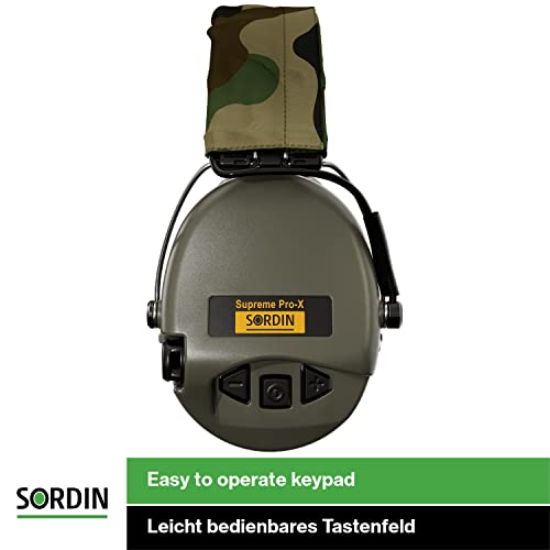 Sordin Supreme PRO X - Adjustable Active Safety Ear Muffs Hearing Protection - Camo Canvas Headband and Green Cups