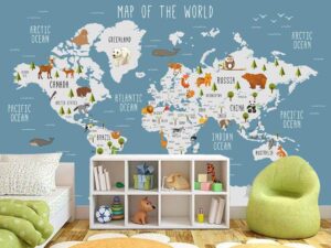 murwall kids wallpaper blue world map wall mural cartoon animal wall print nursery wall decor childroom play room bedroom