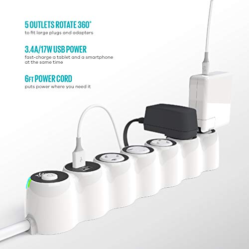 360 Electrical PowerCurve Power Strip, Extension Cord with Multiple Outlets and 2 3.4A USB Ports, 5 Rotating Outlets, Outlet Extender 6 ft, Surge Protector Power Strip with USB Ports, White