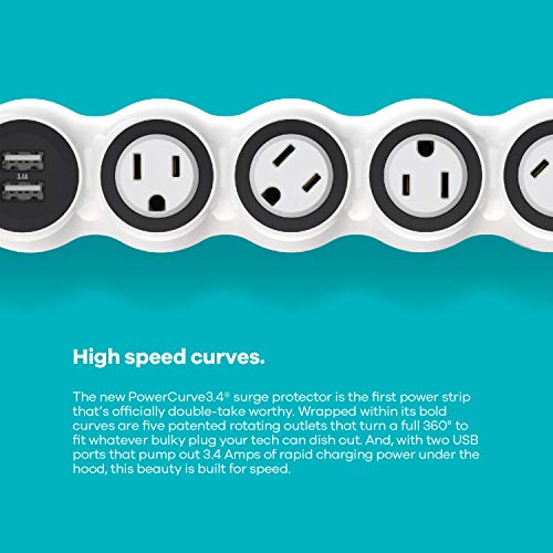 360 Electrical PowerCurve Power Strip, Extension Cord with Multiple Outlets and 2 3.4A USB Ports, 5 Rotating Outlets, Outlet Extender 6 ft, Surge Protector Power Strip with USB Ports, White