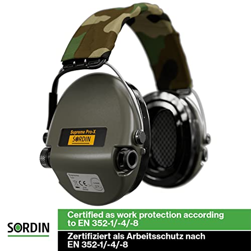 Sordin Supreme Pro-X LED Ear Defenders for Hunting & Shooting - Active & Electronic - Camo Band - Green Ear Muffs