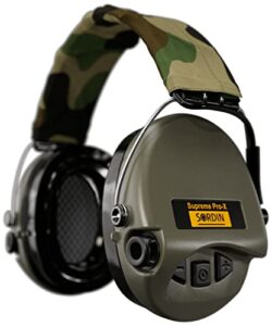 sordin supreme pro-x led ear defenders for hunting & shooting - active & electronic - camo band - green ear muffs