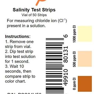 Salinity Test Strips, 0-1000 ppm [Vial of 50 Strips] for Chloride Based Salt Solutions