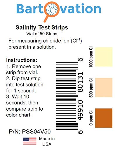 Salinity Test Strips, 0-1000 ppm [Vial of 50 Strips] for Chloride Based Salt Solutions