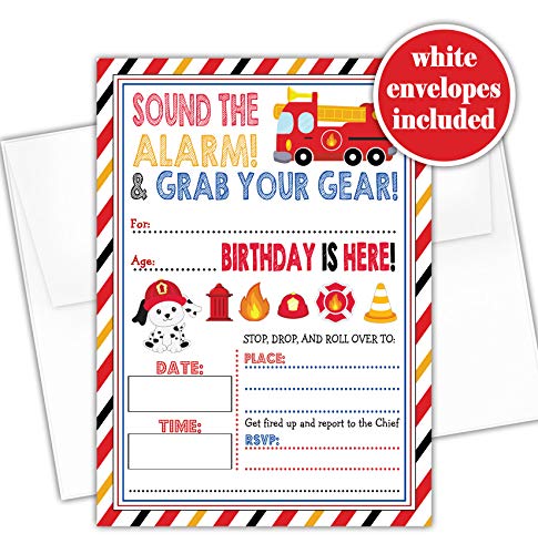 Firetruck Themed Birthday Party Invitation - Set of 20 with envelopes