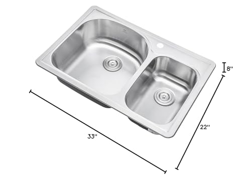 CozyBlock 33 x 22 x 8 Inch 70/30 Offset Top-mount/Drop-in Stainless Steel Double Bowl Kitchen Sink with Strainer - 18 Gauge Stainless Steel-1 Faucet Hole