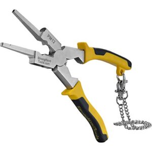 strong hand tools pm12 deluxe mig welding plier, 8", rounded & flat face hammer, fine & coarse file, side pull v-notch, retention chain, ergonomic grip