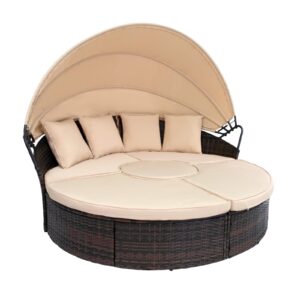 solaura outdoor round daybed, patio daybed with retractable canopy and brown wicker patio sectional sofa, seating separates cushioned seats (4 light brown pillow)