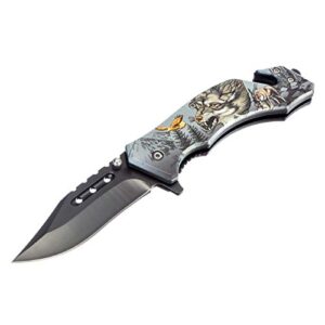 se spring assisted drop point folding knife with wolf design - kfd20014-4