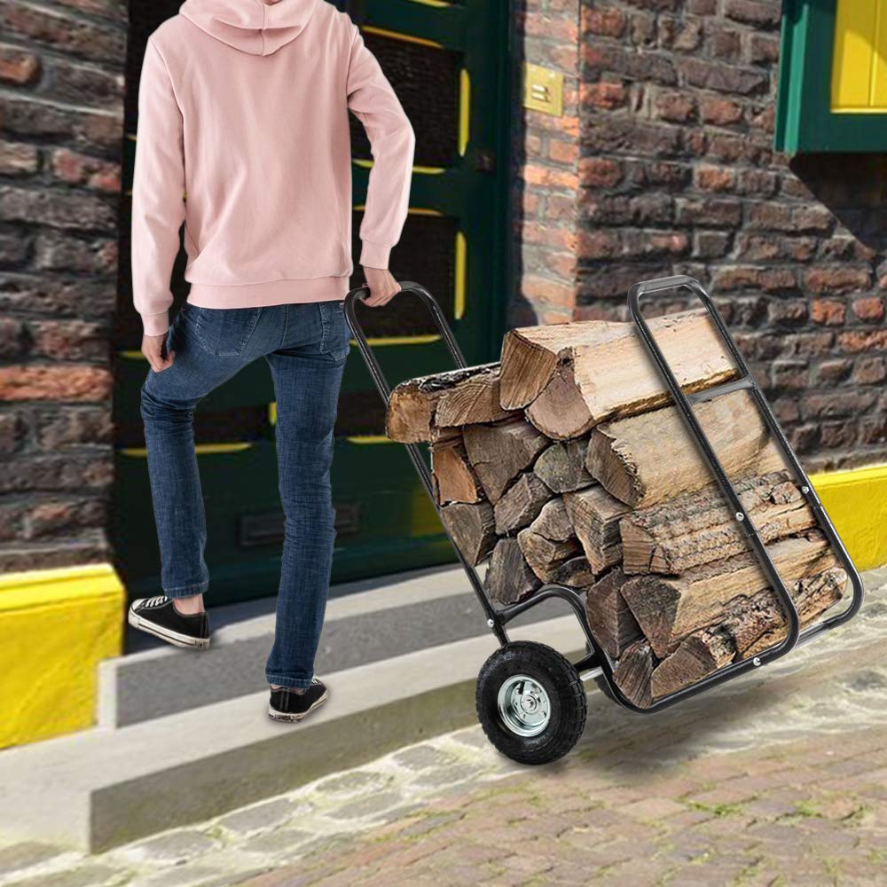 ROVSUN Firewood Cart with Large Wheels, Fireplace Log Rolling Caddy Hauler, Wood Mover Outdoor Indoor Storage Holder Rack, Heavy Duty