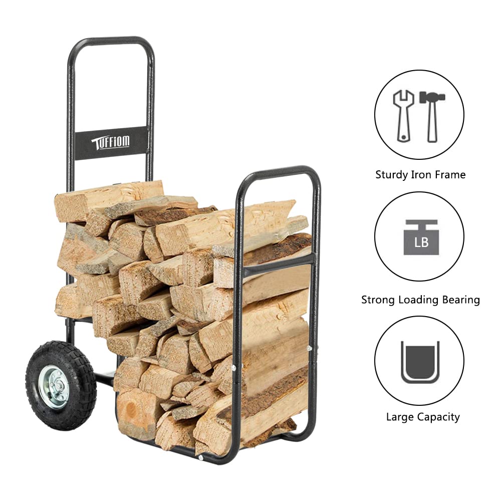 ROVSUN Firewood Cart with Large Wheels, Fireplace Log Rolling Caddy Hauler, Wood Mover Outdoor Indoor Storage Holder Rack, Heavy Duty