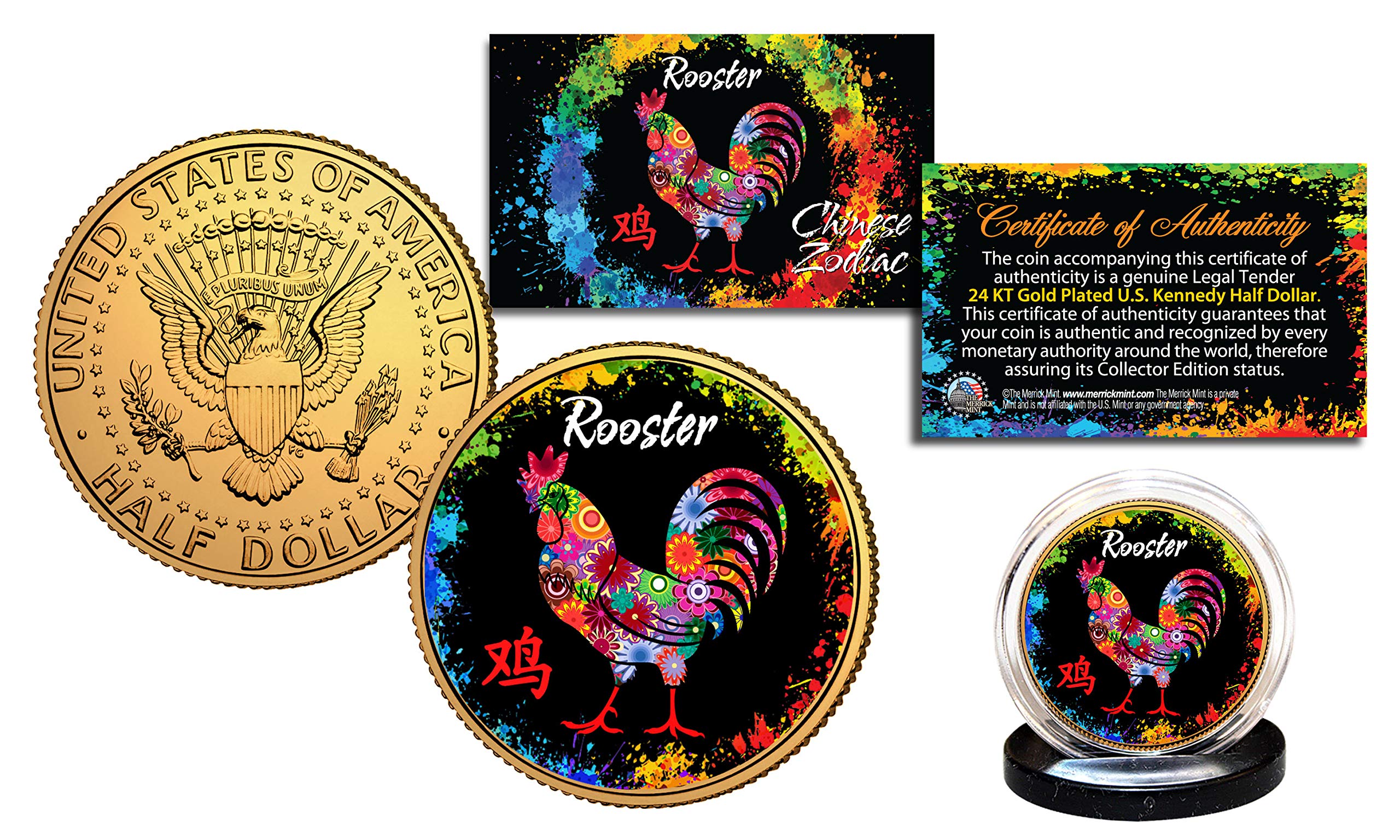 Chinese Zodiac Polychrome Genuine JFK Half Dollar 24K Gold Plated Coin - Rooster