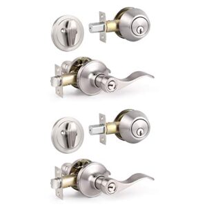 knobonly front door entry lever lockset and single cylinder deadbolt combination set, satin nickel - (2 pack) - all keyed alike(same keys)