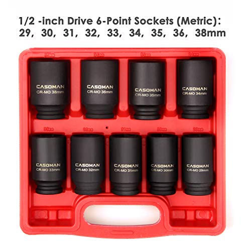 CASOMAN large socket set 1/2- Inch Drive Deep Spindle Axle Nut Impact Socket Set, 6 Point, CR-MO, Metric, 29mm-38mm, 9-Piece 1/2" Dr. Deep Impact Socket Set