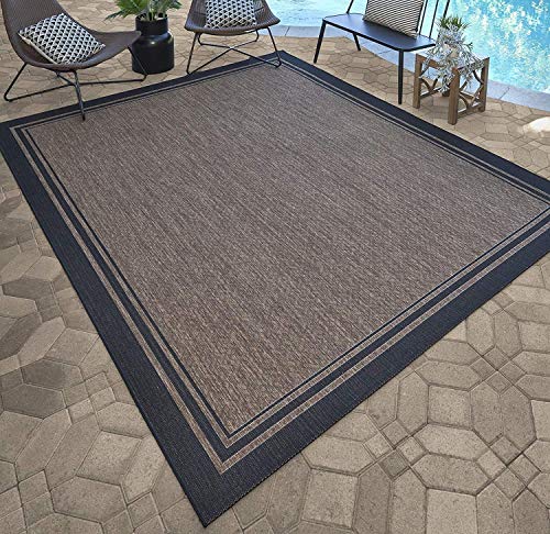 Gertmenian Indoor Outdoor Area Rug, Classic Flatweave, Washable, Stain & UV Resistant Carpet, Deck, Patio, Poolside & Mudroom, 5x7 Ft Standard, Simple Border, Black Nut Brown, 21358