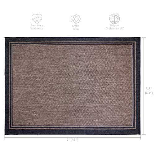 Gertmenian Indoor Outdoor Area Rug, Classic Flatweave, Washable, Stain & UV Resistant Carpet, Deck, Patio, Poolside & Mudroom, 5x7 Ft Standard, Simple Border, Black Nut Brown, 21358