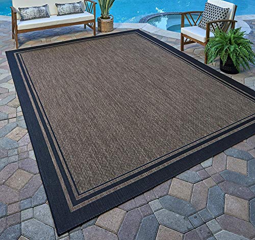 Gertmenian Indoor Outdoor Area Rug, Classic Flatweave, Washable, Stain & UV Resistant Carpet, Deck, Patio, Poolside & Mudroom, 5x7 Ft Standard, Simple Border, Black Nut Brown, 21358