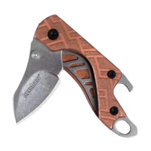 kershaw cinder-copper 1.4 in. blade; small pocket knife with stonewash blade, copper handle, manual open, with thumb stud, bottle opener, liner lock and lanyard hole (1025cux)