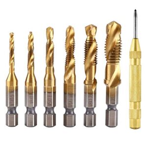 6pcs titanium combination drill and tap bits set, 1/4" hex shank hss sae screw tapping bit with center punch tool for drilling, tapping and countersinking (metric m3-m10)