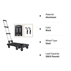 Pansonite Folding Hand Truck, 500 LB Heavy Duty Luggage Cart, Utility Dolly Platform Cart with 7 Wheels & 2 Elastic Ropes for Luggage, Travel, Moving, Shopping, Office Use