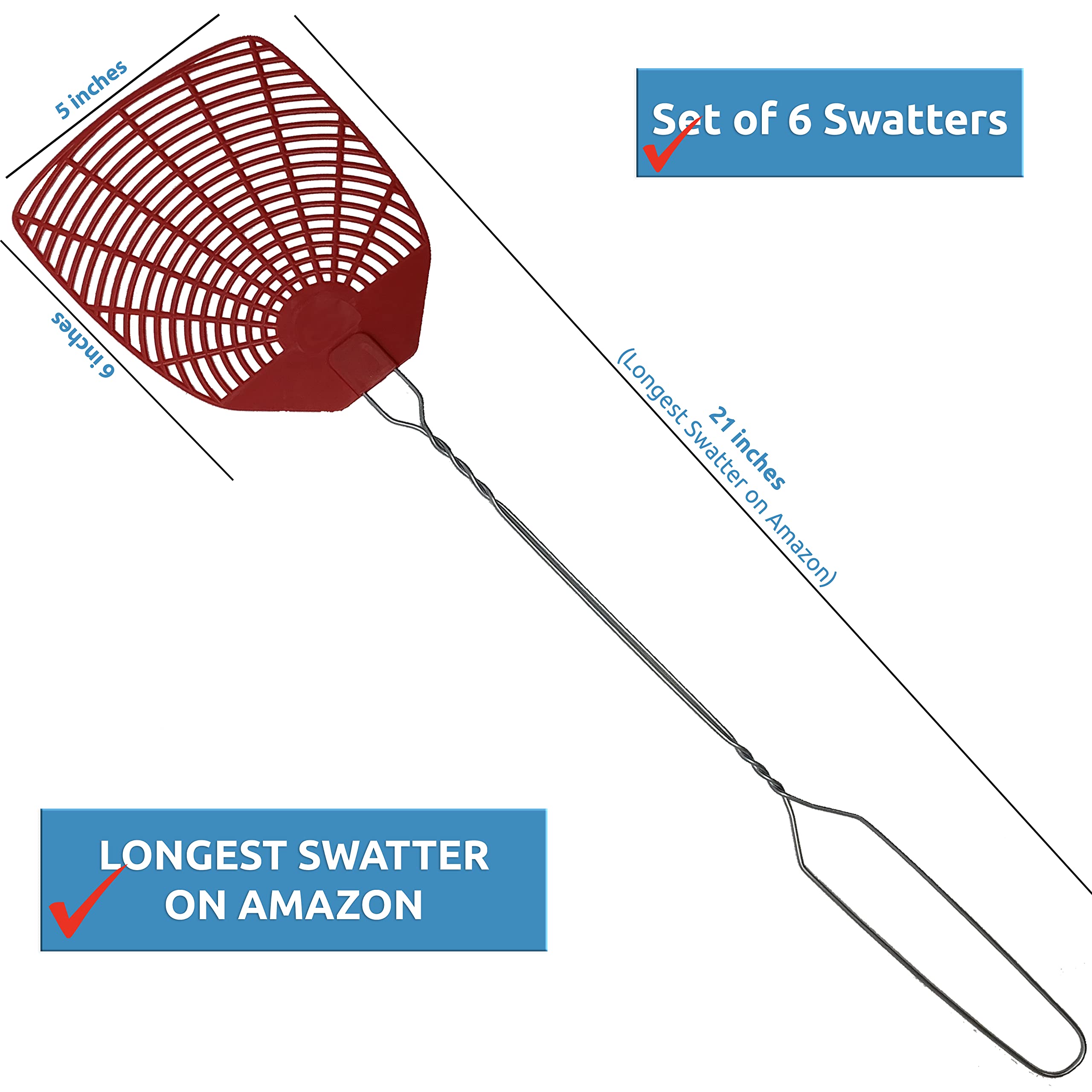 Bug & Fly Swatter – Braided Metal Handle 6 Pack Fly Swatters – Indoor/Outdoor – flyswatter (21 inch - Set of 6)