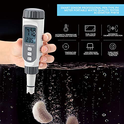 Digital PH Meter, Professional PH & Temperature Meter Portable Water Quality Tester Acidimeter PH818 0-14 pH Measurement Smart Precise ans Sensor LCD Screen