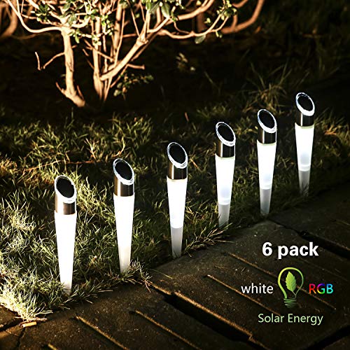 pearlstar Solar Lights Outdoor Garden Pathway Lights LED White&Color Changing Lights Landscape Lighting Waterproof for Path Lawn Patio Yard Walkway Driveway,4 LED Bulbs& 2 Lights Effect (6pack)