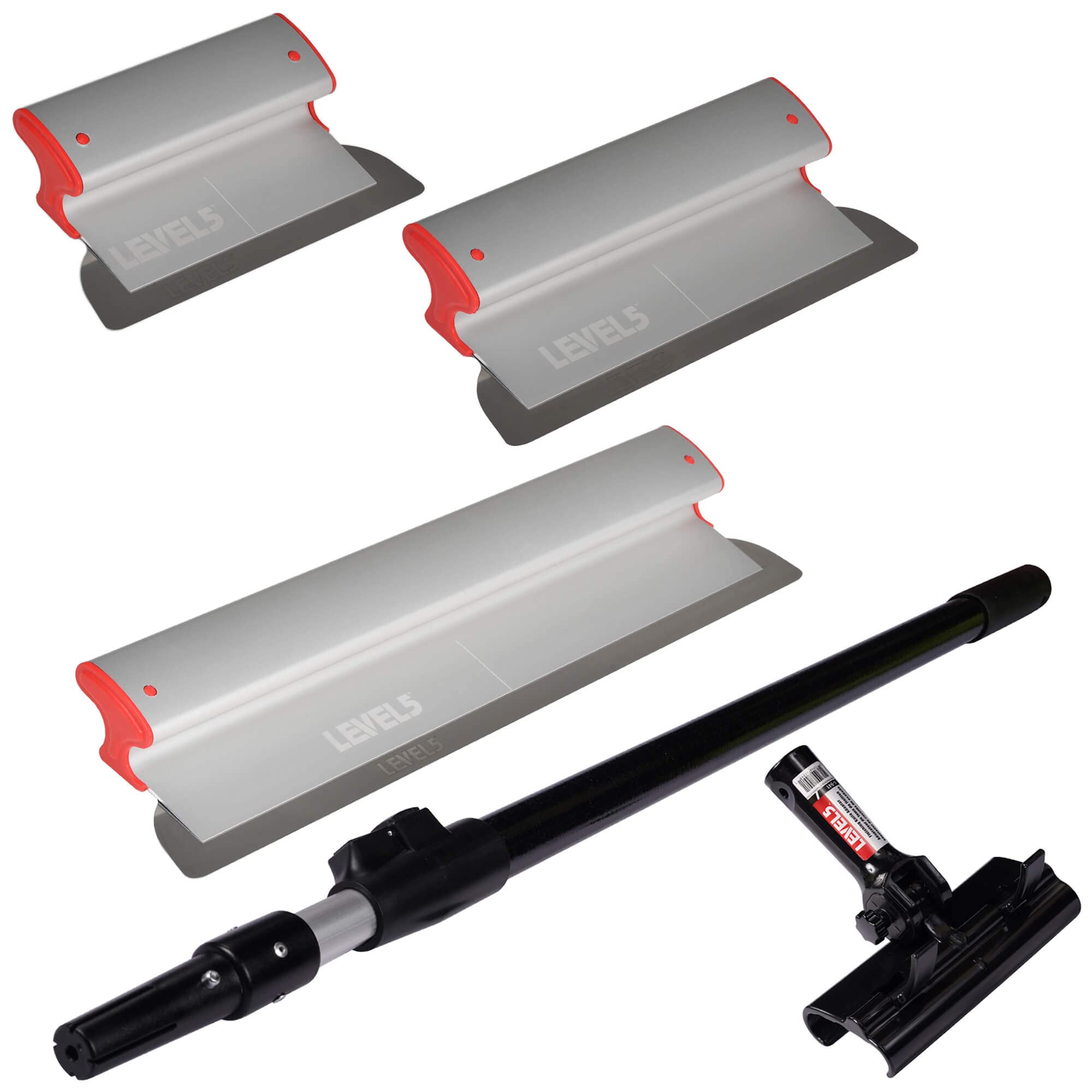 Drywall Skimming Blade Set - 10", 16" & 24" Blades + 37" - 63" Extension Handle | LEVEL5 | Pro-Grade | Extruded Aluminum & European Stainless Steel Construction | High-Impact End Caps | 5-440