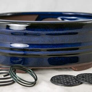 Oval Shohin Bonsai Pot, Cactus & Succulent Planter + Mesh 6"x 4.5"x 2.5" - Blue Stain Glazed