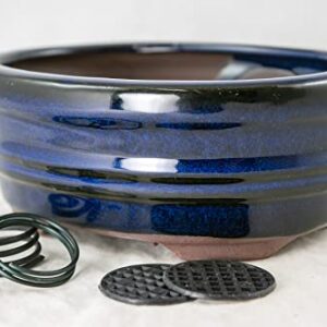 Oval Shohin Bonsai Pot, Cactus & Succulent Planter + Mesh 6"x 4.5"x 2.5" - Blue Stain Glazed