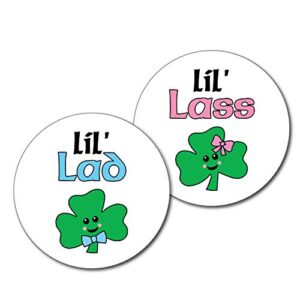 36 2.5 inch shamrock lil lad and lass irish gender reveal party stickers