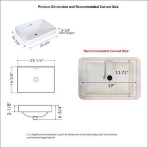 Winzo WZ6174 Rectangular Drop-in Bathroom Sink,Modern Design,Semi-recessed Vessel Basin With Overflow for Vanity Porcelain White