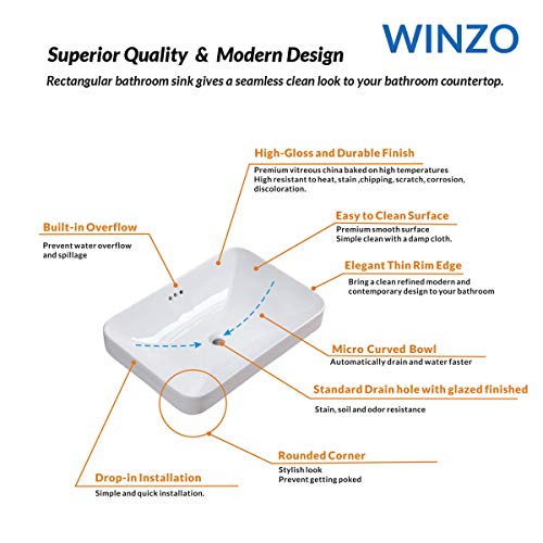 Winzo WZ6174 Rectangular Drop-in Bathroom Sink,Modern Design,Semi-recessed Vessel Basin With Overflow for Vanity Porcelain White