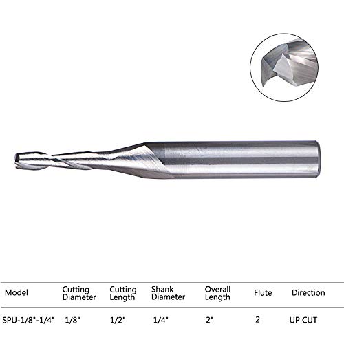 SpeTool CNC Spiral Router Bits with Up Cut 1/8 inch Cutting Diameter, 1/4 inch Shank HRC55 Solid Carbide End Mill for Wood Cut, Carving