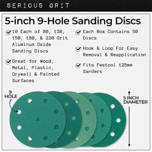 Serious Grit - 5-Inch 9-Hole Sanding Discs Assortment - 80, 120, 150, 180, 220 Grit (10 of Each) - Heavy-Duty Hook & Loop Film Discs - Sandpaper for Random Orbital Sanders - 50 Pack Box