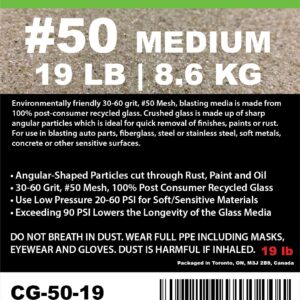 30-60 Grit (#50) Crushed Glass Abrasive - 19 lb or 8.6 kg - Blasting Abrasive Media (Medium) #50 Mesh - 559 to 254 Microns - for Blast Cabinets Or Sand Blasting Guns