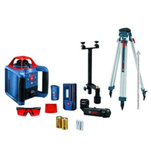 bosch revolve900 grl900-20hvk exterior 1000ft range horizontal/vertical self-leveling cordless rotary laser kit with tripod, 8ft grade rod and laser receiver , black