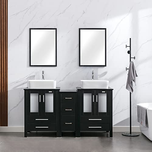 eclife 60" Bathroom Vanity Sink Combo Black W/Side Cabinet Set Rectangle White Ceramic Vessel Sink & Chrome Water Save Faucet & Solid Brass Pop Up Drain, W/Mirrors (T03 2B02)