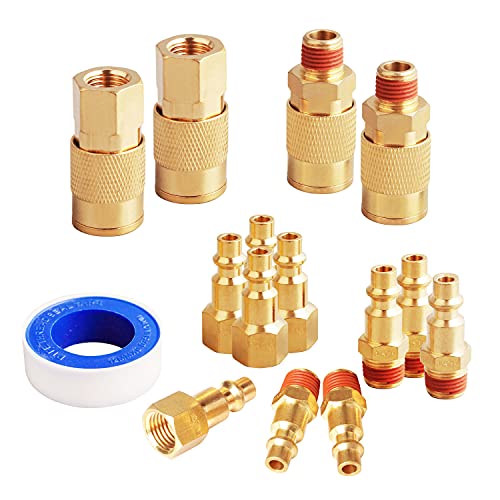 FYPower 15 Pieces 1/4" NPT Air Coupler and Plug Kit, Quick Connect Air Fittings, Industrial Solid Brass Quick Connect Set