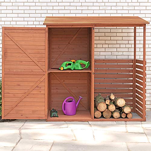 Leisure Season CFS7181 Combination Firewood and Storage Shed - Brown - Outdoor Garden Cedar Box with Shelves, Roof, Doors - Large Yard Lumber Lockers - Patio, Backyard, Deck, Organizer -Fast Assembly