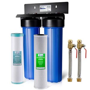 ispring wgb22bm+ahpf12mnpt16x2 2-stage whole house water filtration system with 20” x 4.5” carbon block and iron & manganese reducing filters and 3/4" push-fit stainless steel hose connectors, blue