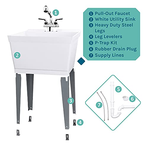 White Utility Sink Laundry Tub With Pull Out Chrome Faucet, Sprayer Spout, Heavy Duty Slop Sinks For Washing Room, Basement, Garage or Shop, Large Free Standing Wash Station Tubs and Drainage (White)