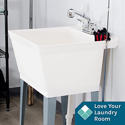 White Utility Sink Laundry Tub With Pull Out Chrome Faucet, Sprayer Spout, Heavy Duty Slop Sinks For Washing Room, Basement, Garage or Shop, Large Free Standing Wash Station Tubs and Drainage (White)