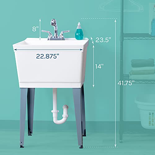 White Utility Sink Laundry Tub With Pull Out Chrome Faucet, Sprayer Spout, Heavy Duty Slop Sinks For Washing Room, Basement, Garage or Shop, Large Free Standing Wash Station Tubs and Drainage (White)