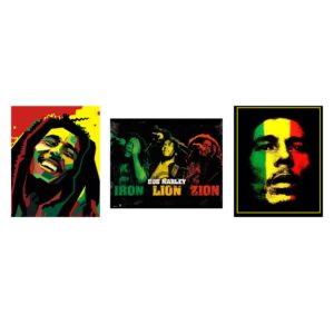 bob marley-silhouettes wall art set-3 watercolor abstract-8 x 10"s wall prints-ready to frame-classic marley faces replica prints. home-bar-dorm-man cave decor. includes iron-lion-zion concert images.