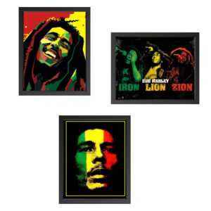 Bob Marley-Silhouettes Wall Art Set-3 Watercolor Abstract-8 x 10"s Wall Prints-Ready To Frame-Classic Marley Faces Replica Prints. Home-Bar-Dorm-Man Cave Decor. Includes Iron-Lion-Zion Concert Images.