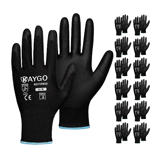 KAYGO Safety Work Gloves PU Coated-12 Pairs, KG11PB, Seamless Knit Glove with Polyurethane Coated Smooth Grip on Palm & Fingers, for Men and Women, Ideal for General Duty Work (Medium, Black)