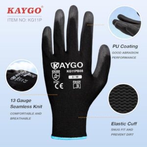 KAYGO Safety Work Gloves PU Coated-12 Pairs, KG11PB, Seamless Knit Glove with Polyurethane Coated Smooth Grip on Palm & Fingers, for Men and Women, Ideal for General Duty Work (Medium, Black)