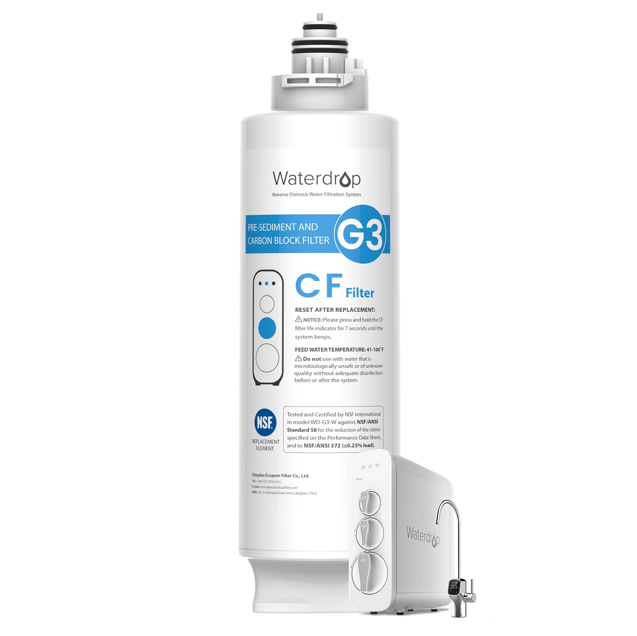 Waterdrop WD-G3-CF Filter, Replacement for WD-G3-W, WD-G3P600 and WD-G3P800-W Reverse Osmosis System, 6-month Lifetime