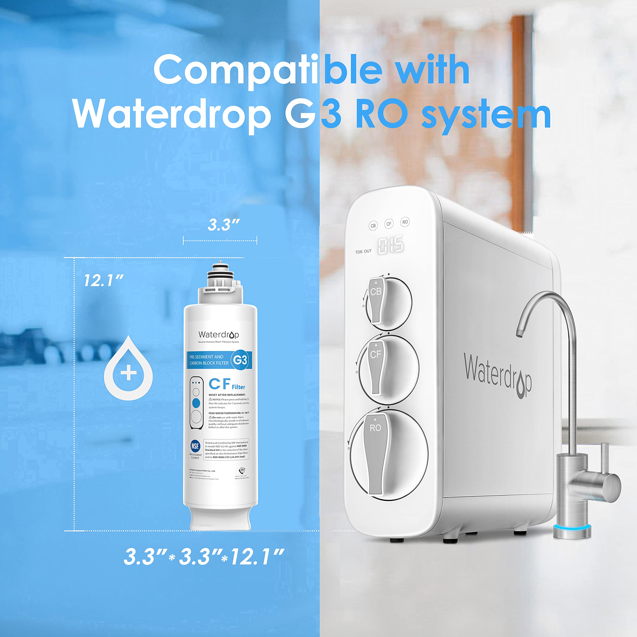 Waterdrop WD-G3-CF Filter, Replacement for WD-G3-W, WD-G3P600 and WD-G3P800-W Reverse Osmosis System, 6-month Lifetime